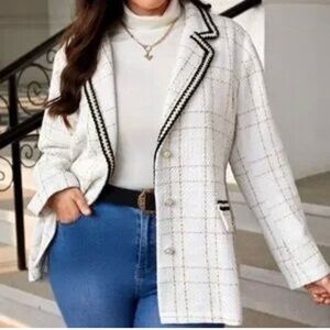 SHEIN White Plaid Blazer with Black Trim